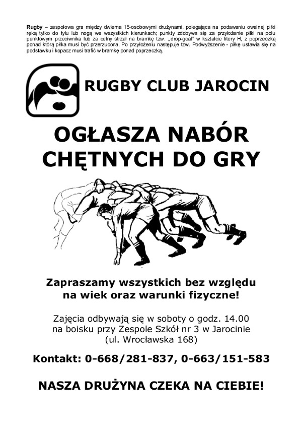 Pierwszy plakat zachęcający do trenowania rugby w Jarocinie